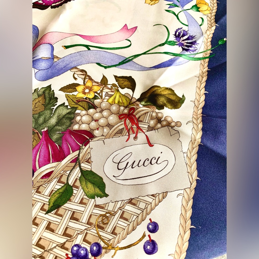 Gucci Vintage Silk Scarf in Floral and Fruit basket with Butterflies design - Picture 4 of 13